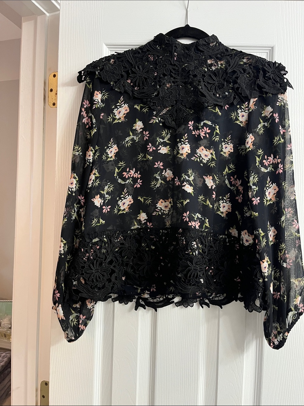 Zara Black Sheer Floral Blouse with Lace Yoke